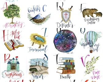 ABC Names Of God alphabet cards, 5x7 print set with A-Z Names of God, each card hand painted watercolor print, come