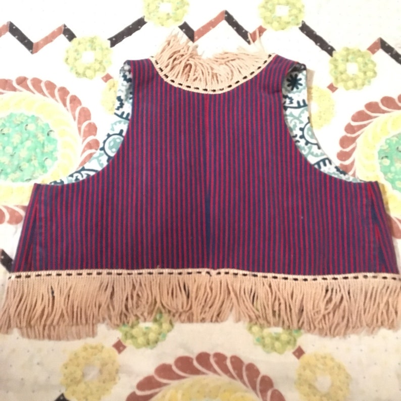 Reversible Handmade Childs Vest all Vintage Fabrics and Fringe size 2-4