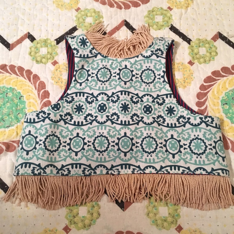 Reversible Handmade Childs Vest all Vintage Fabrics and Fringe size 2-4