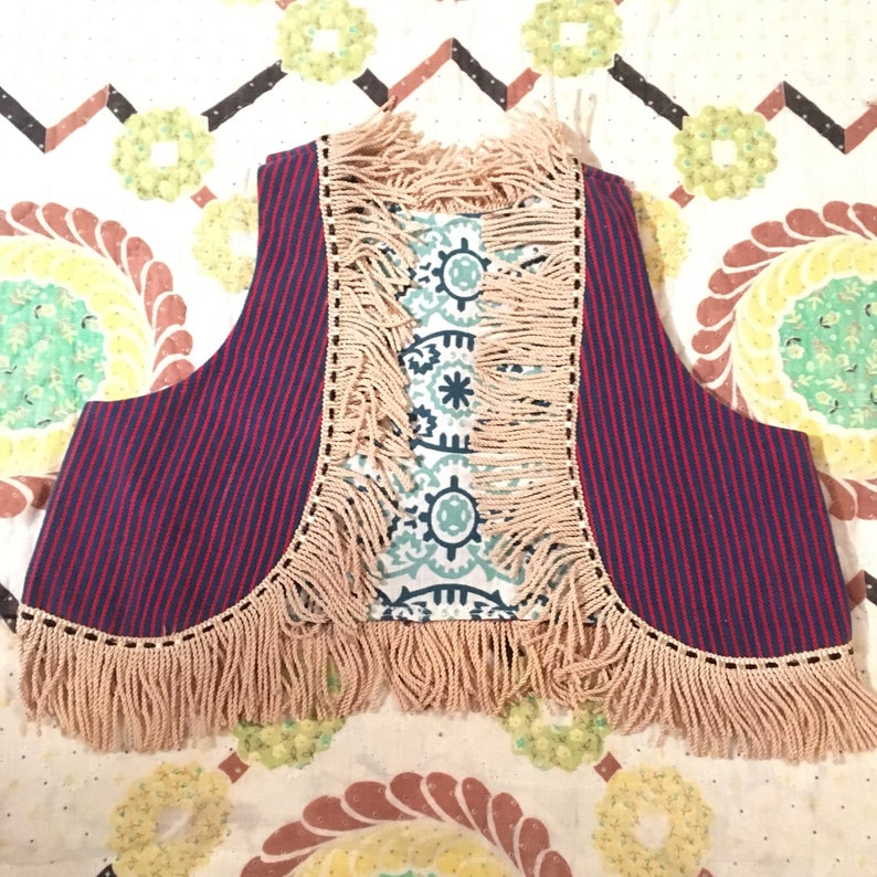 Reversible Handmade Childs Vest all Vintage Fabrics and Fringe size 2-4