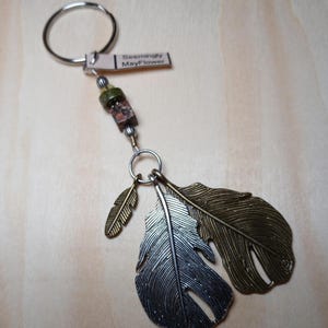 Feather Keychain | Bronze Silver Feathers | Unakite Semi Precious Beads | Keychain