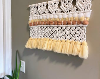 Neutral Macrame Wall Hanging with Wool Roving | Handmade Boho Fiber Art