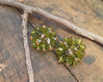 Vintage Gold-Tone Olive Swarovski Crystal with Clear Rhinestone Pat. Pend. Clip Earrings  (A-86)