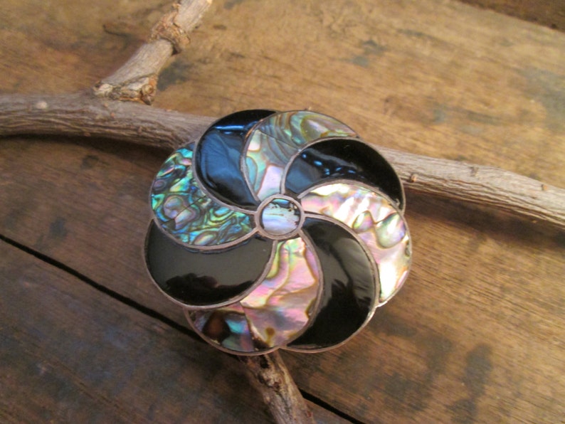 Vintage Sterling Abalone Circle Mexico Taxco Brooch