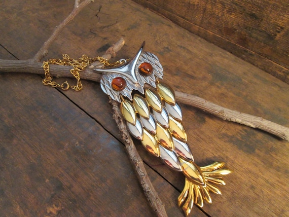 Vintage Gold-Tone and Silver-Tone Owl with Glass … - image 1