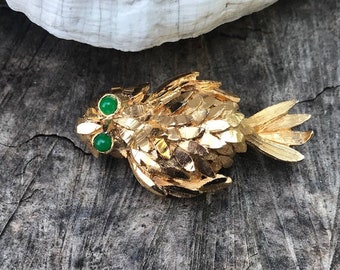 Vintage Gold-Tone Bird Brooch with Green Eyes  (B-138)