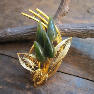 Vintage Mid Century Gold-Tone Brooch Fan with Faux Jade Stones (B-64)