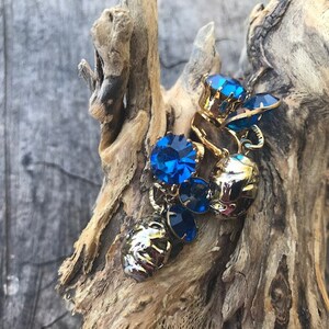 Gold-Tone Dangle Clip Earrings with Deep Blue Rhinestones  (A-47)