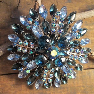 Vintage Silver-Tone Flower Brooch With 3-Shades of Blue Marquise and Round Cut Rhinestones (B-90)