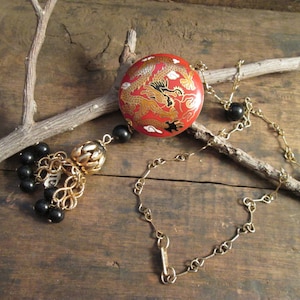Vintage Hobe&#39; Gold-Tone Necklace with Dragon on Metal Disk in Red, Black, and Yellow Enamel  (D-130)