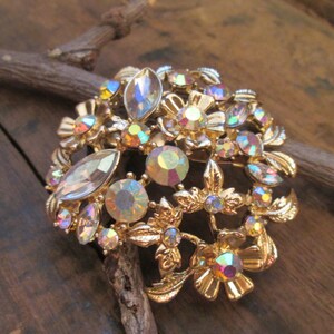 Vintage Gold-Tone Floral Bouquet Brooch with Aurora Borealis Rhinestones (B-24)
