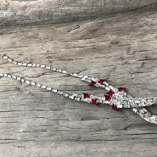 Rare Vintage Volupte Mid-Century Silver-Tone Necklace by Julio Marsella with Red and Clear Rhinestones  (D-2)