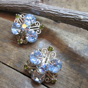 Vintage Filigree Baby Blue and Green Rhinestone Accent Clip Earrings  (A-8)