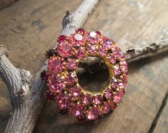 Vintage Gold-Tone Brooch with Ruby Red and Medium Pink Round Rhinestones (B-92)