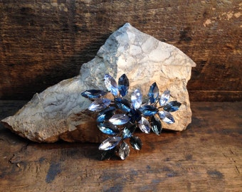 Vintage Silver-Tone Brooch with Light and Dark Blue Clear Rhinestones  (B-28)