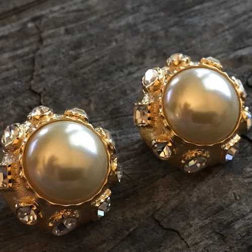 Vintage Kenneth Jay Lane Faux Marvella Pearl and Clear shops Rhinestone Clip Earrings (A-28)