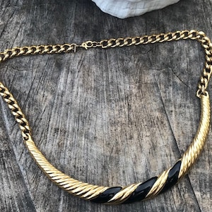 Vintage Monet Gold-Tone and Black Enamel Necklace  (D-17)