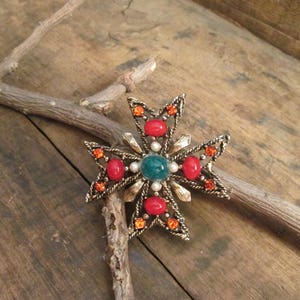 Vintage Antiqued Maltese Cross Brooch with Orange Rhinestones, Seed Pearls, and Red and Green Cabochons  (B-130)