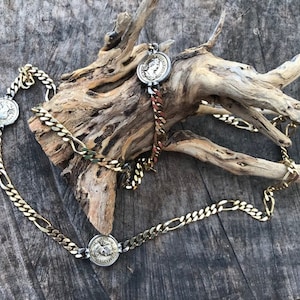 Figaro Style Necklace with Faux Roman Gold Coins and Clear Rhinestones  (D-95)