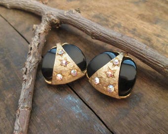 Vintage Gold-Tone Clip Earrings with Clear Rhinestone Stars and Black Cabochon  (A-17)