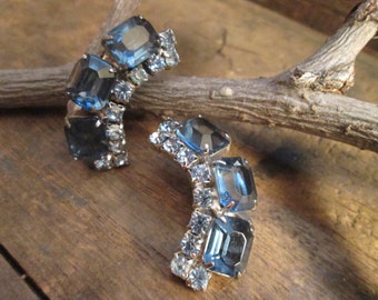 Vintage Light and Medium Blue Faux Square and Round Sapphire Rhinestone Clip Earrings  (A-2)