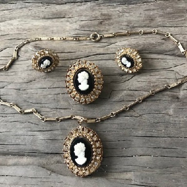 Coro Cameo Pendant with Clear Rhinestone Necklace, Pin and Clip Earring Set  (E-33)