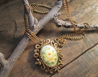 Vintage Antiqued Gold-Tone Necklace with Ornate Painted Glass Pendant in Floral Design  (D-123)