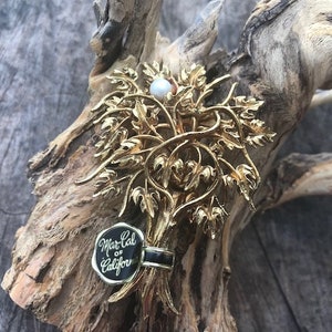 Mar-Cal California Tree Brooch in Antiqued Gold-Tone with Single Faux Pearl (B-191)