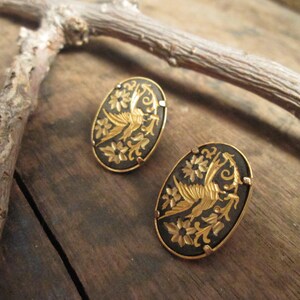 Vintage Oval Shaped Clip Earrings in a Damascene Swallow Bird and Floral Design  (A-115)