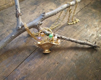 Vintage Gold-Tone Necklace with Basket Shaped Pendant of Multi-Colored Glass Beads  (D-31)