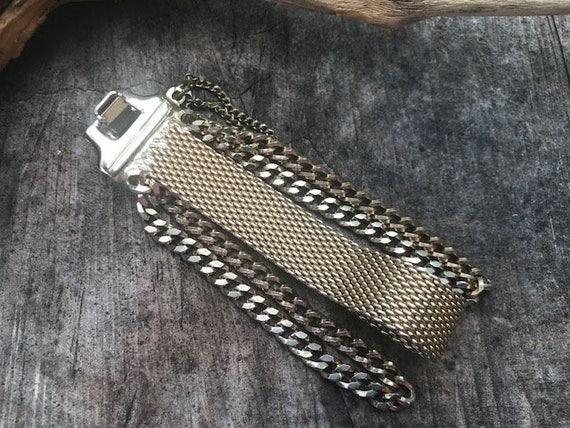 Vintage Gold-Tone Mesh and Chain Bracelet with Sa… - image 4