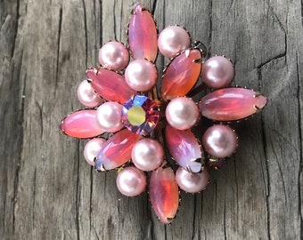 Vintage Copper-Tone Brooch with Pink Marquise and Round Faux Rhinestones and Pearls (B-3)