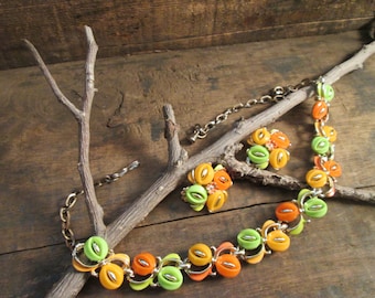 Vintage Gold-Tone Enamel and Flat Bead Multi-Colored Choker Style Necklace and Matching Clip Earrings  (E-13)