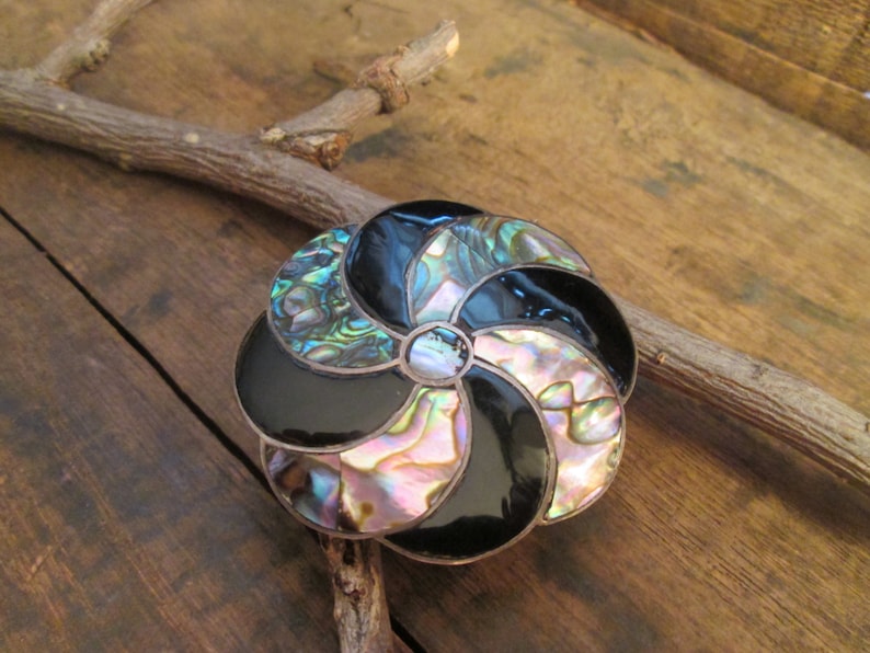 Vintage Sterling Abalone Circle Mexico Taxco Brooch