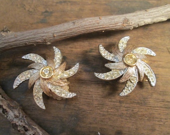 Vintage Sarah Coventry Gold-Tone Pinwheel Style AND Rhinestone Clip Earrings  (A-6)