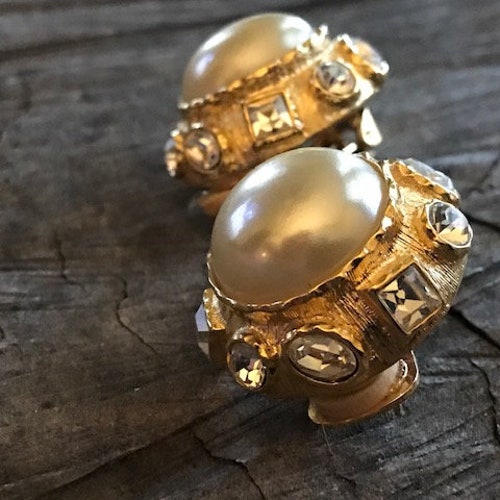Vintage Kenneth Jay Lane Faux Marvella Pearl and Clear shops Rhinestone Clip Earrings (A-28)