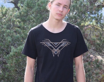 Chevron Mens Tshirt, tshirt geometrica di cotone, tshirt tribale, camicia del festival, street wear, tee maschile