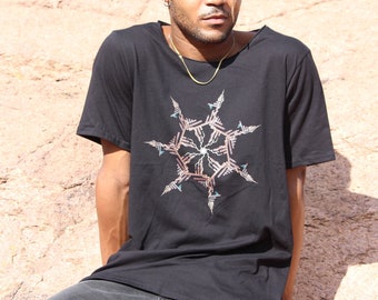 Storm Spiral Mandala Cotton Tshirt - festival shirt, street wear, mens tee, Black tshirt