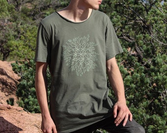 Green Connection Print Flower of life Cotton Tshirt - festival shirt, street wear, mens tee, Black tshirt, green tshirt