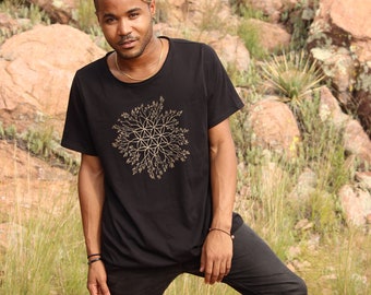 Connection Print Flower of life Cotton Tshirt - festival shirt, street wear, mens tee, Black tshirt