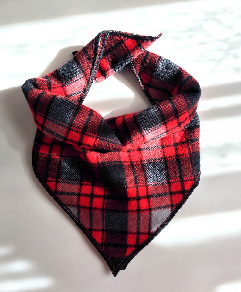 Tie On Bandana Scarf Dog Bandana Red Black Grey Flannel Scarf Plaid Fall Georgia Cat Bandana