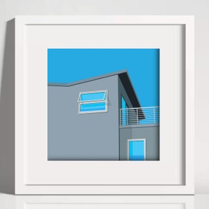 Grey Beach House Framed Print, minimal, abstract, contemporary, modern, architecture, beach, ocean, california, summer, digital illustration