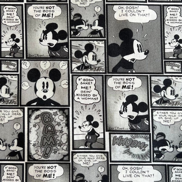 Mickey Mouse Comic Strip White and Black Cotton Fabric / by the yard