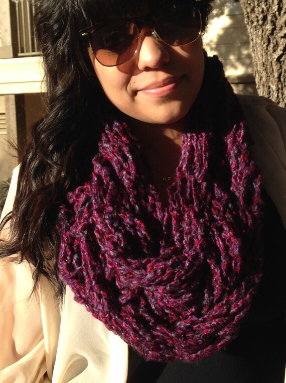 Items similar to Arm knitted infinity scarf, long length, purple blue ...