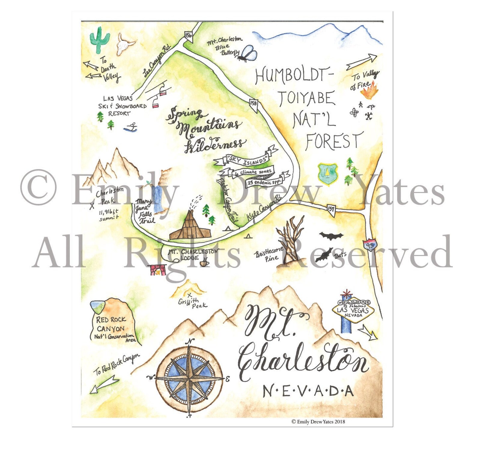 Watercolor Map Mount Mt. Charleston Nevada Las Vegas Ski Digital