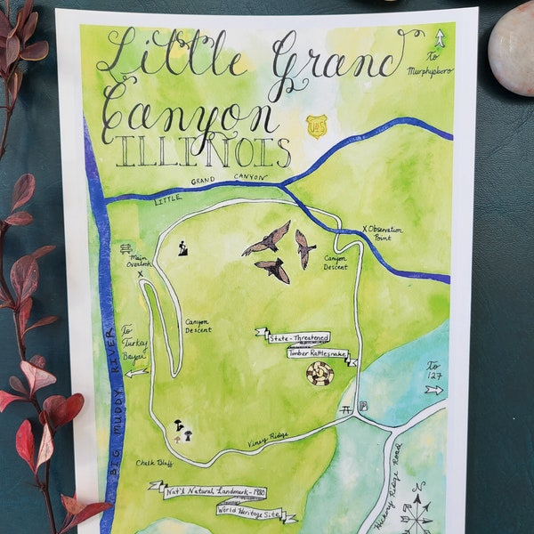 Little Grand Canyon Illinois Watercolor Map - World Heritage Site Landmark Digital Download Printable Art Calligraphy Map Gift