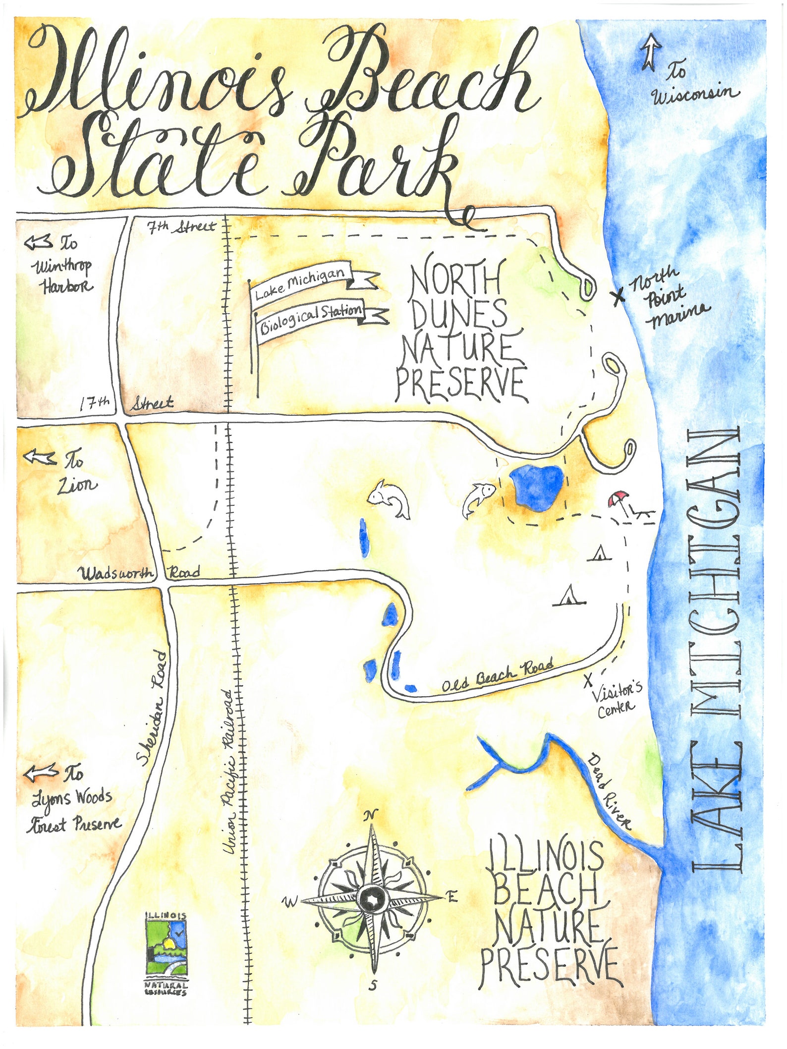 Watercolor Map Illinois Beach State Park Lake Michigan Digital Download ...