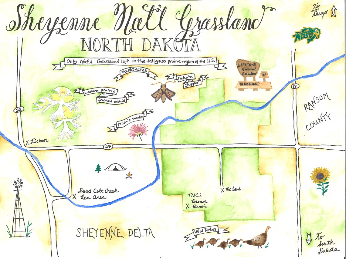 Watercolor Map Sheyenne Grassland North Dakota Digital Etsy