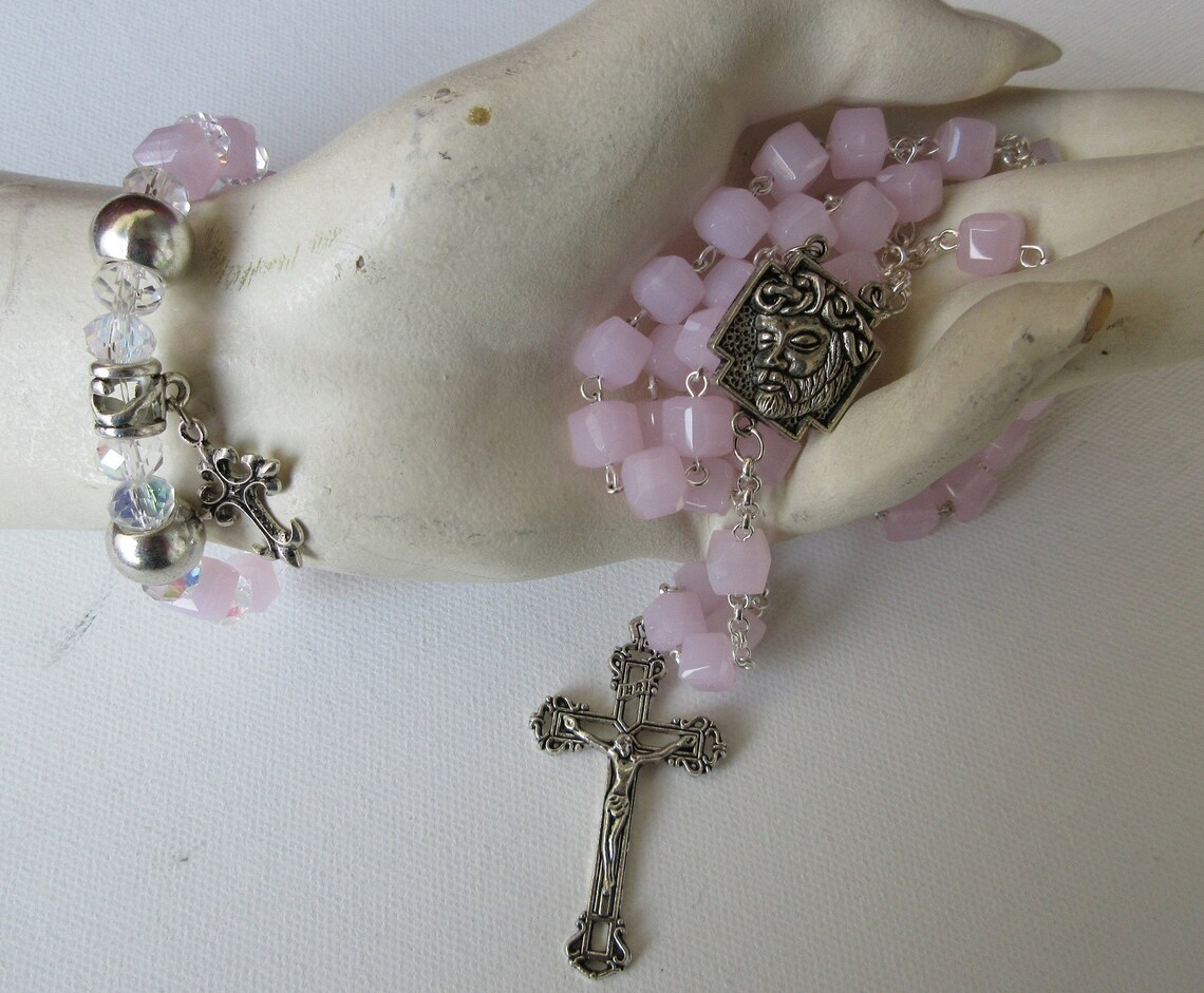 Rosary Soft Pink Cubed Glass Prayer Beads W/ Matching Bracelet Etsy