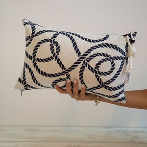 Decorative Embroidered Nautical Pillow – Coastal Rope Throw Cushion | Handmade Beach Cottage Decor | Boat & Housewarming Gift